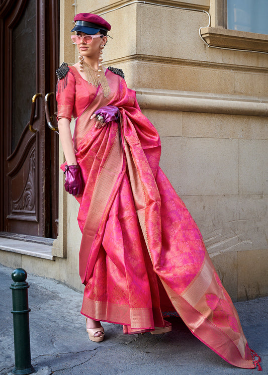 Deep Pink Handwoven Two Tone Organza Silk Saree