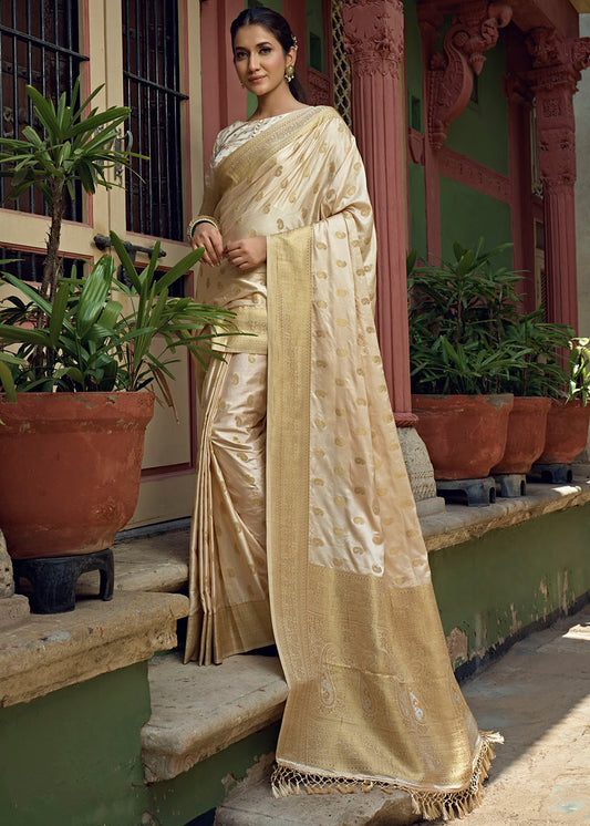 Daisy White Woven Designer Satin Silk Saree