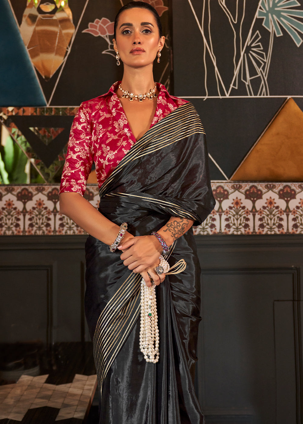 Pebble Black Handloom Woven Viscose Satin Saree with Contrast Blouse