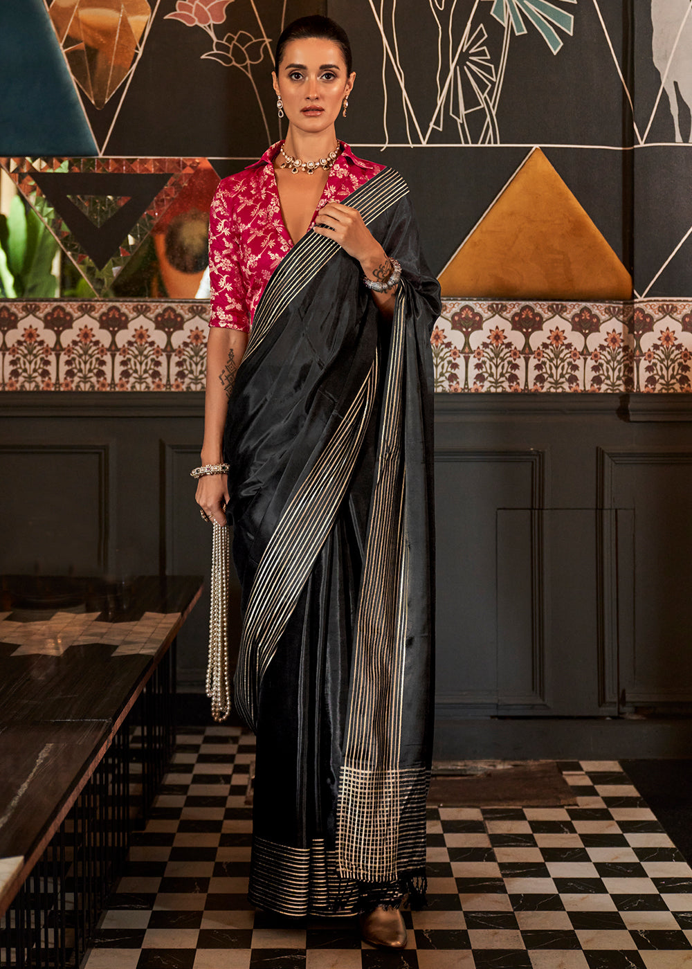 Pebble Black Handloom Woven Viscose Satin Saree with Contrast Blouse