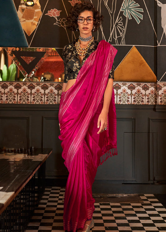 Wild Berry Pink Handloom Woven Viscose Satin Saree with Contrast Blouse