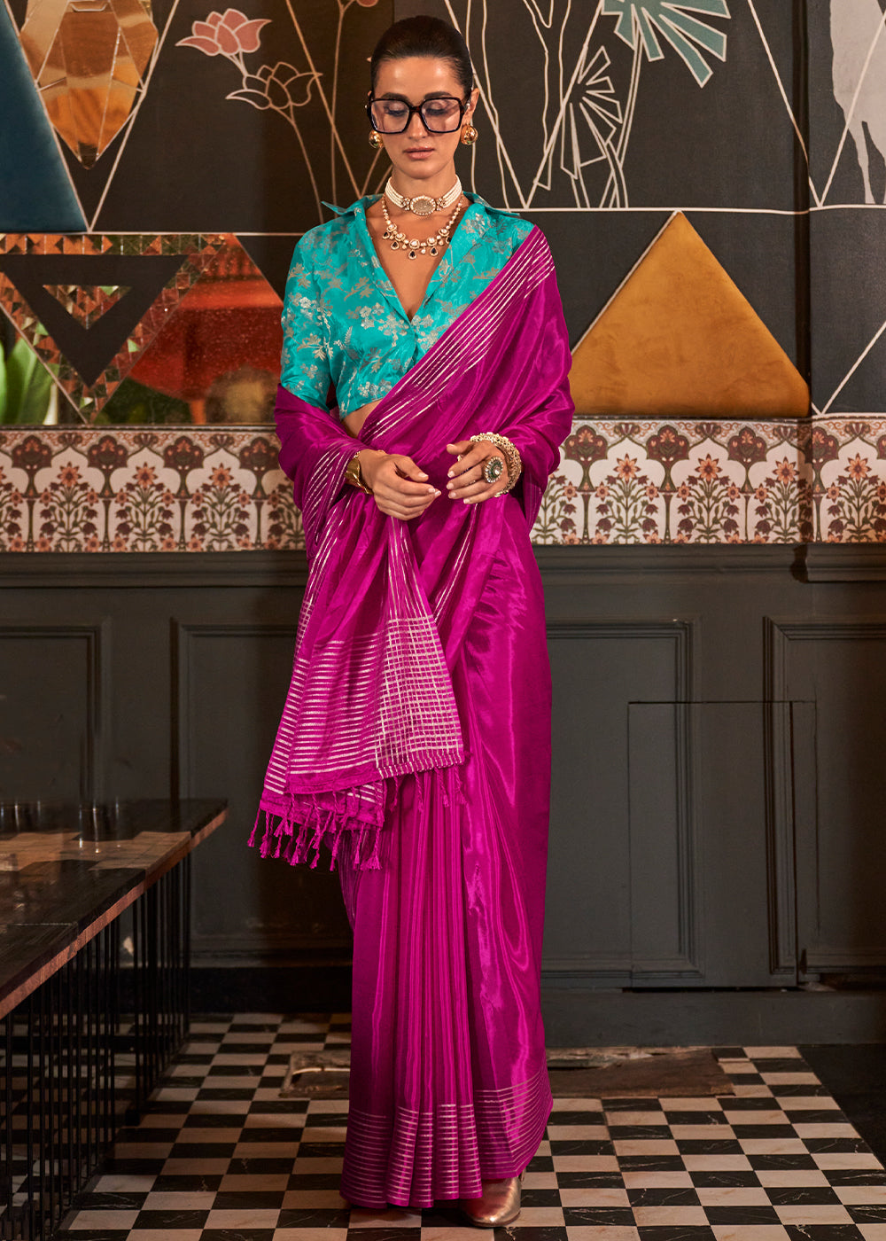 Magenta Pink Handloom Woven Viscose Satin Saree with Contrast Blouse