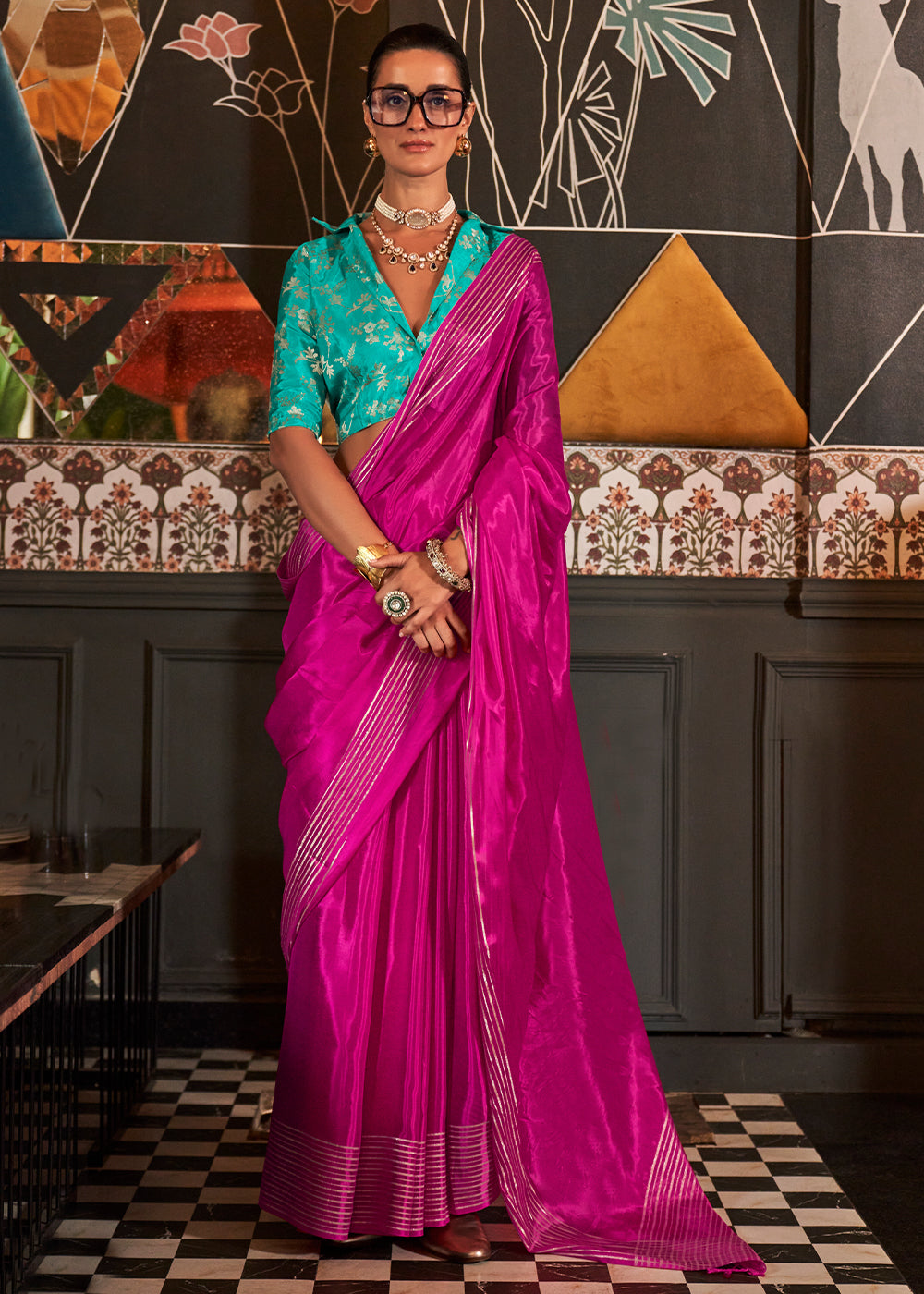 Magenta Pink Handloom Woven Viscose Satin Saree with Contrast Blouse