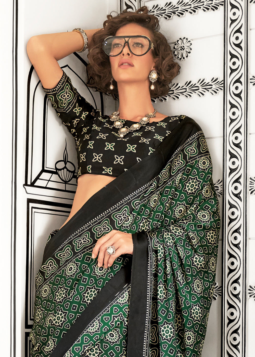 Castleton Green Ajrakh Printed Satin Crepe Saree