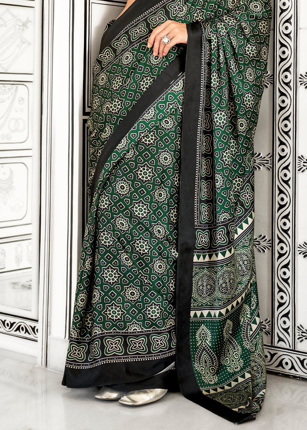 Castleton Green Ajrakh Printed Satin Crepe Saree