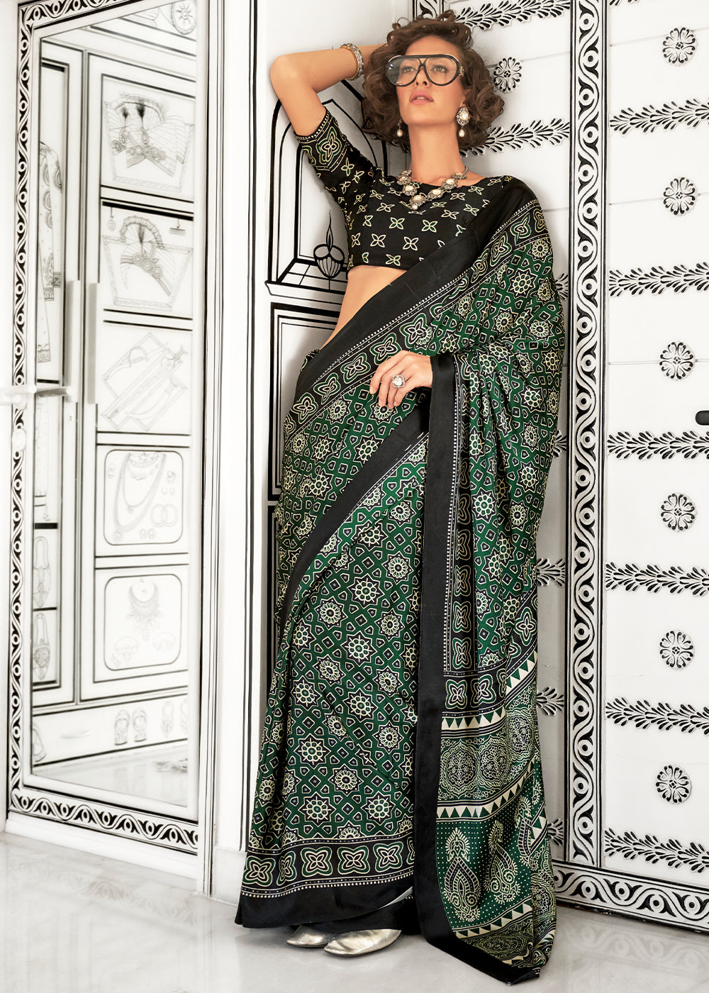 Castleton Green Ajrakh Printed Satin Crepe Saree