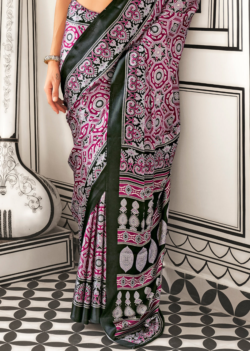 Shades Of Pink Ajrakh Printed Satin Crepe Saree