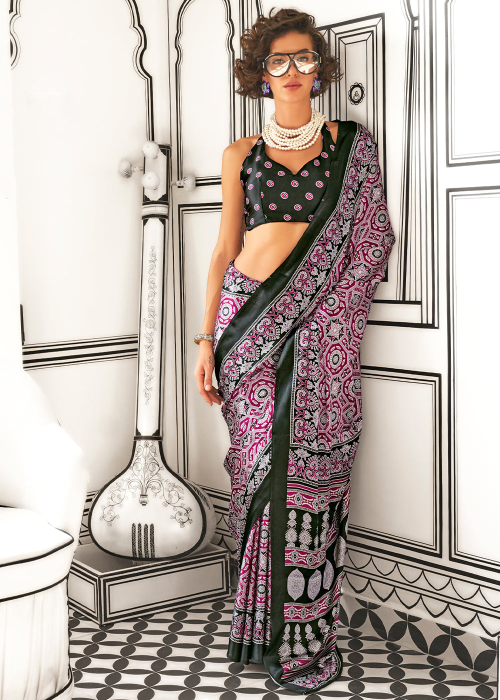 Shades Of Pink Ajrakh Printed Satin Crepe Saree