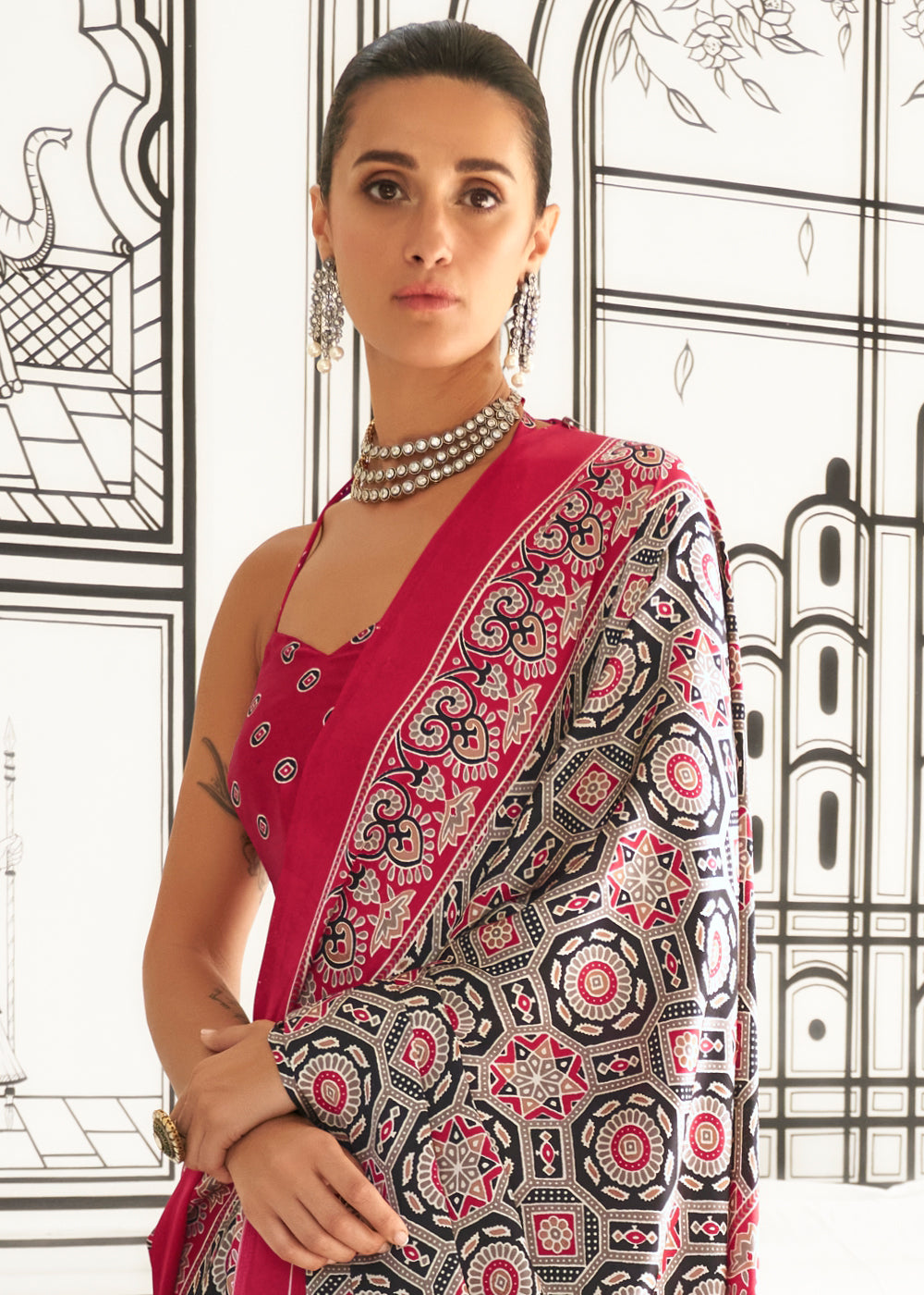 Punch Pink Ajrakh Printed Satin Crepe Saree