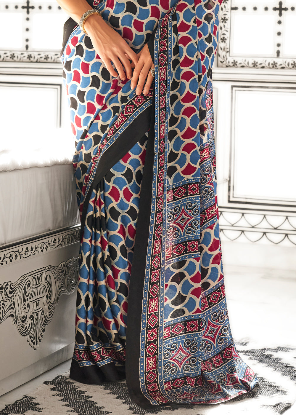 Shades Of Blue Ajrakh Printed Satin Crepe Saree