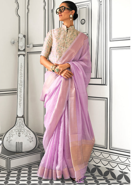 Lavender Purple Chiffon Saree Having Handloom Weaving Border & All Over Zari Lining