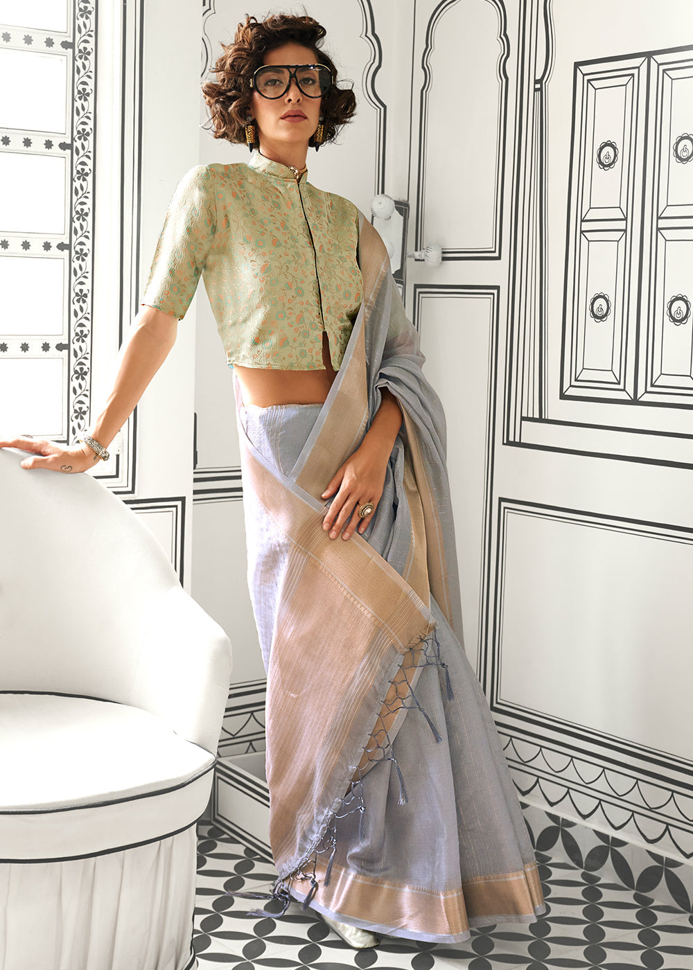 Pewter Grey Chiffon Saree Having Handloom Weaving Border & All Over Zari Lining