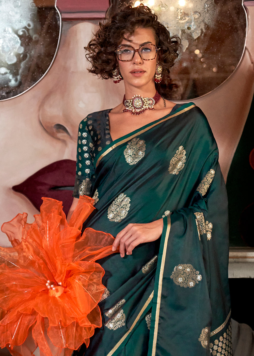 Sacramento Green Zari Woven Satin Silk Saree with Brocade Blouse