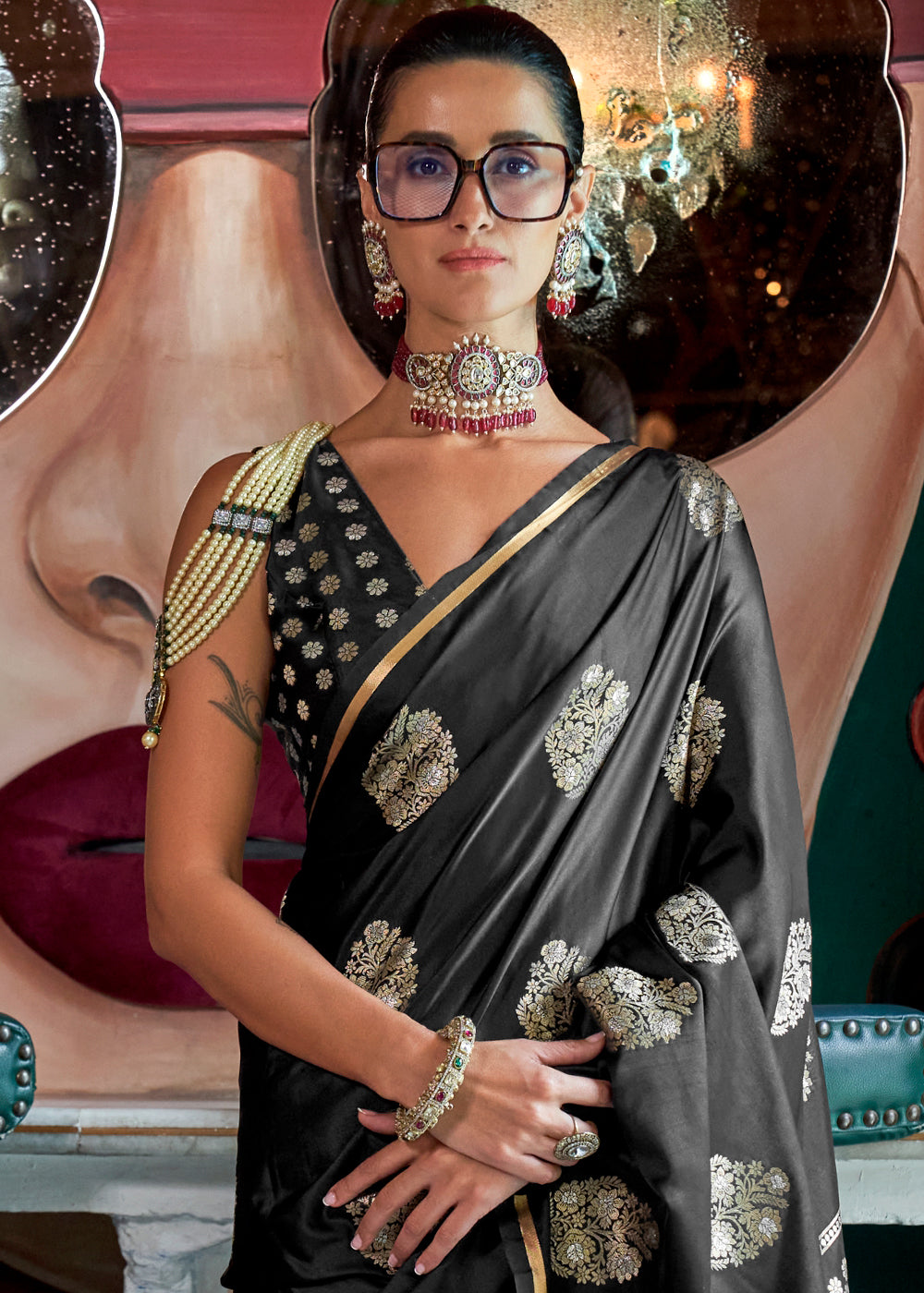 Onyx Black Zari Woven Satin Silk Saree with Brocade Blouse