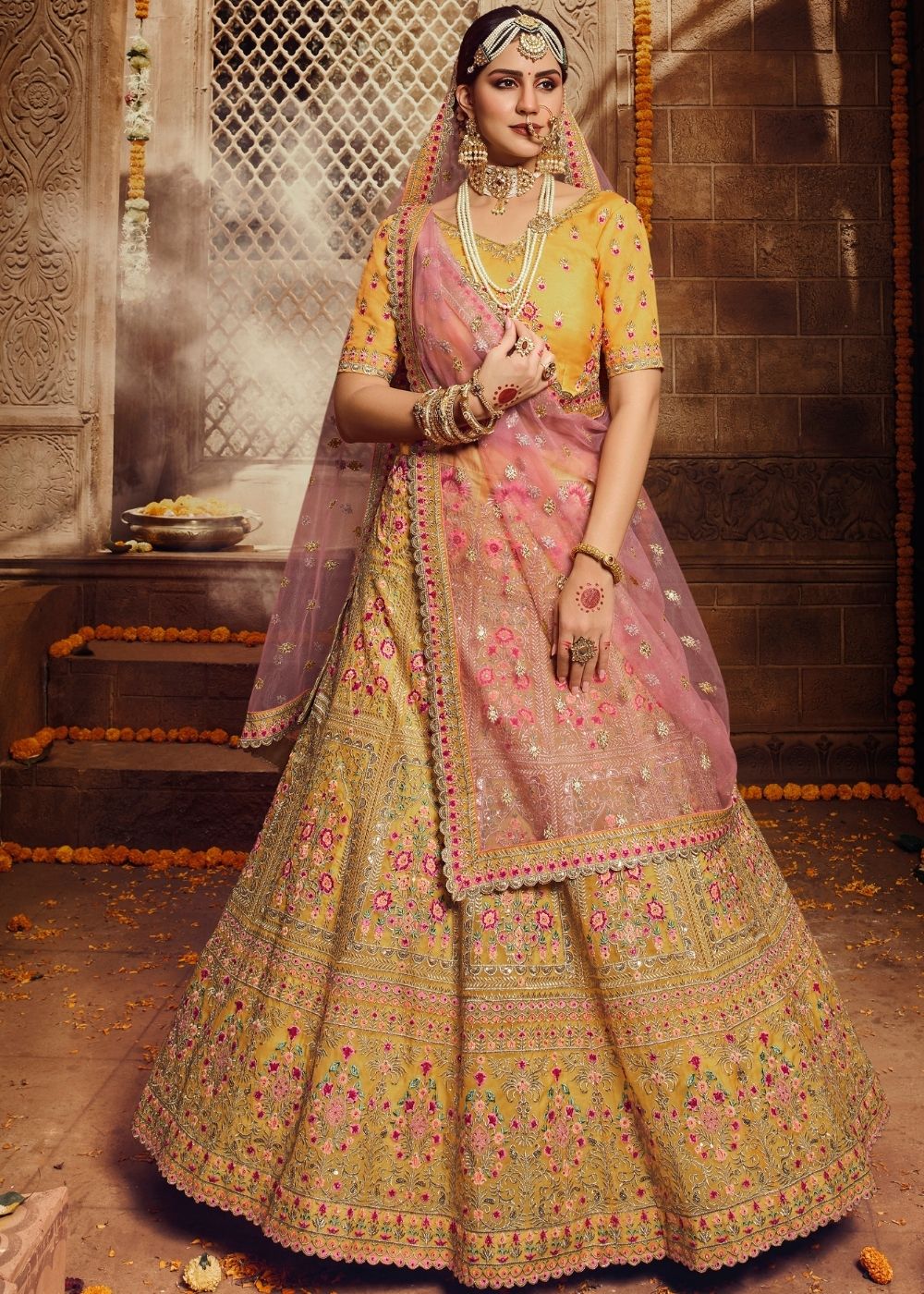 Yellow Organza Bridal Lehenga Choli with Thread, Zari and Stone work