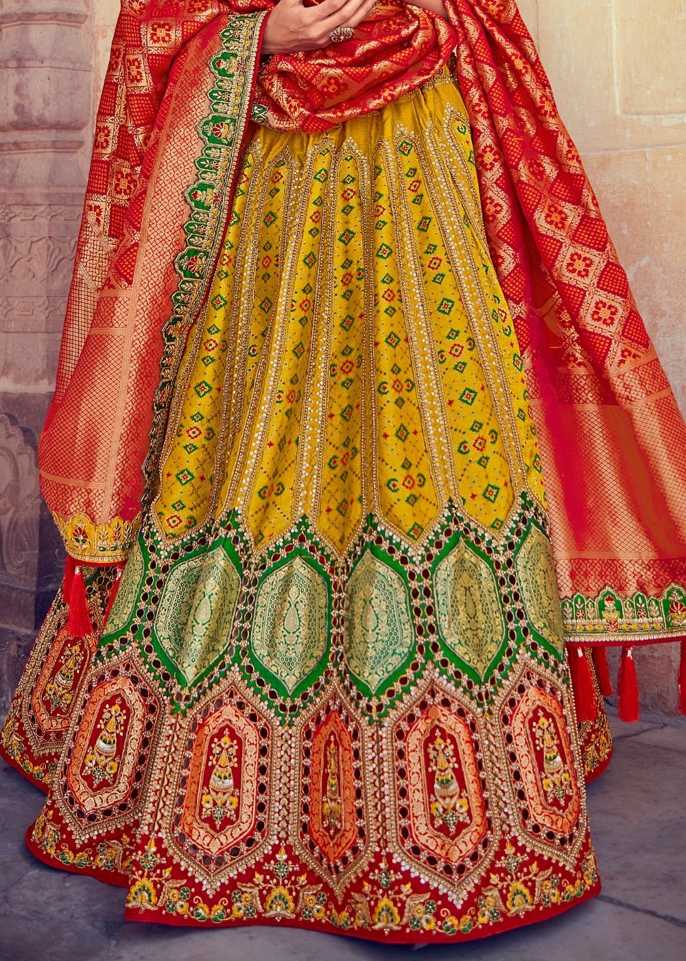 Tuscany Yellow & Red Banarasi Silk Lehenga Choli with Khatli work Embroidery