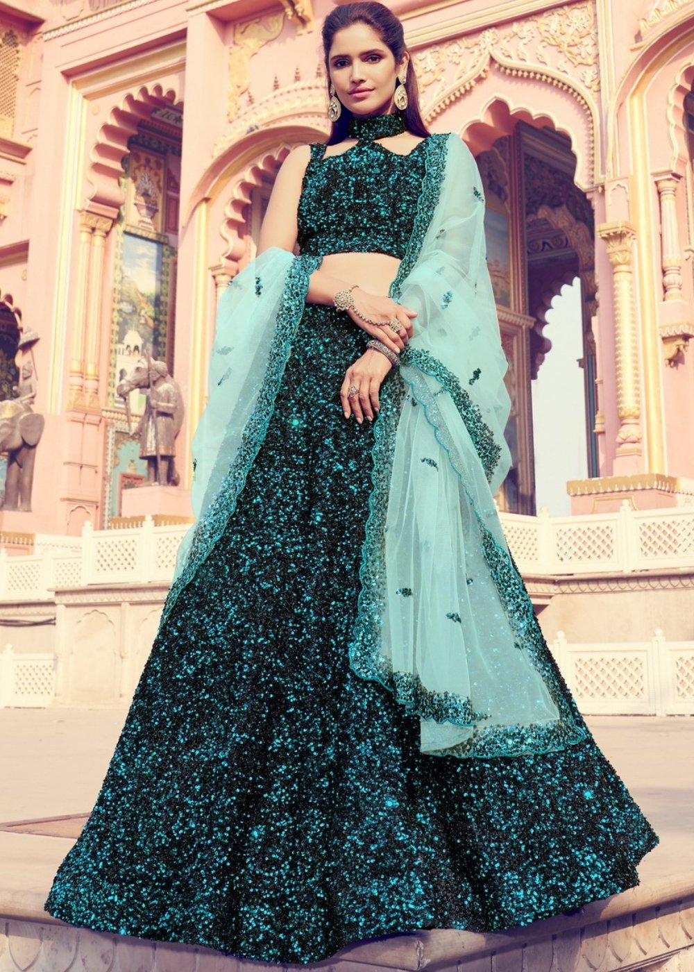 Black & Green Designer Lehenga Choli with Sequins work