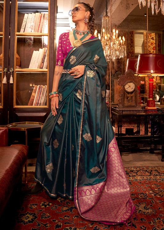 Charleston Green Two Tone Satin Silk Saree with Contrast Pallu & Blouse