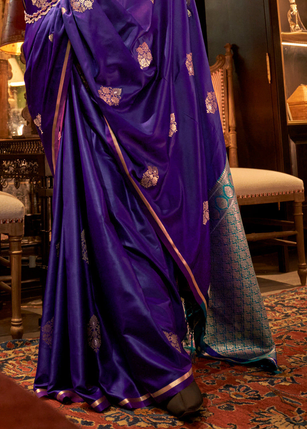 Indigo Purple Two Tone Satin Silk Saree with Contrast Pallu & Blouse