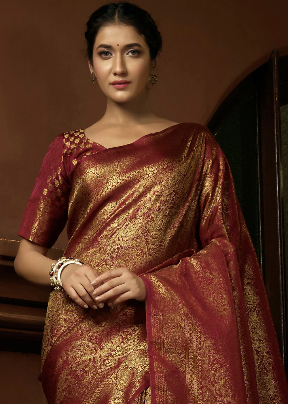 Maroon Red & Golden Blend Woven Kanjivaram Silk Saree