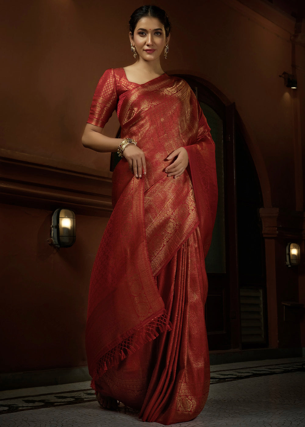 Crimson Red & Golden Blend Woven Kanjivaram Silk Saree
