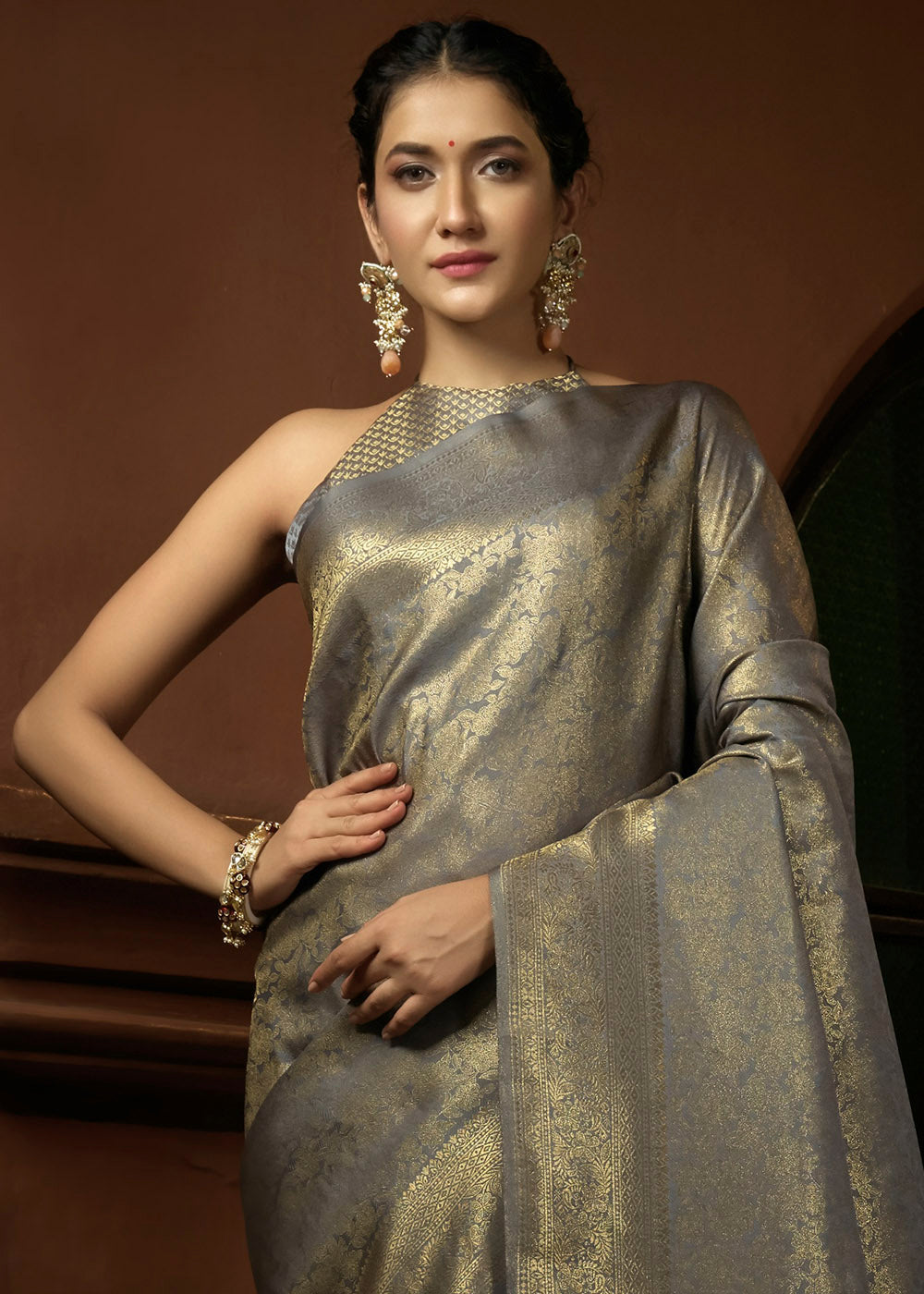 Coin Grey & Golden Blend Woven Kanjivaram Silk Saree: Top Pick