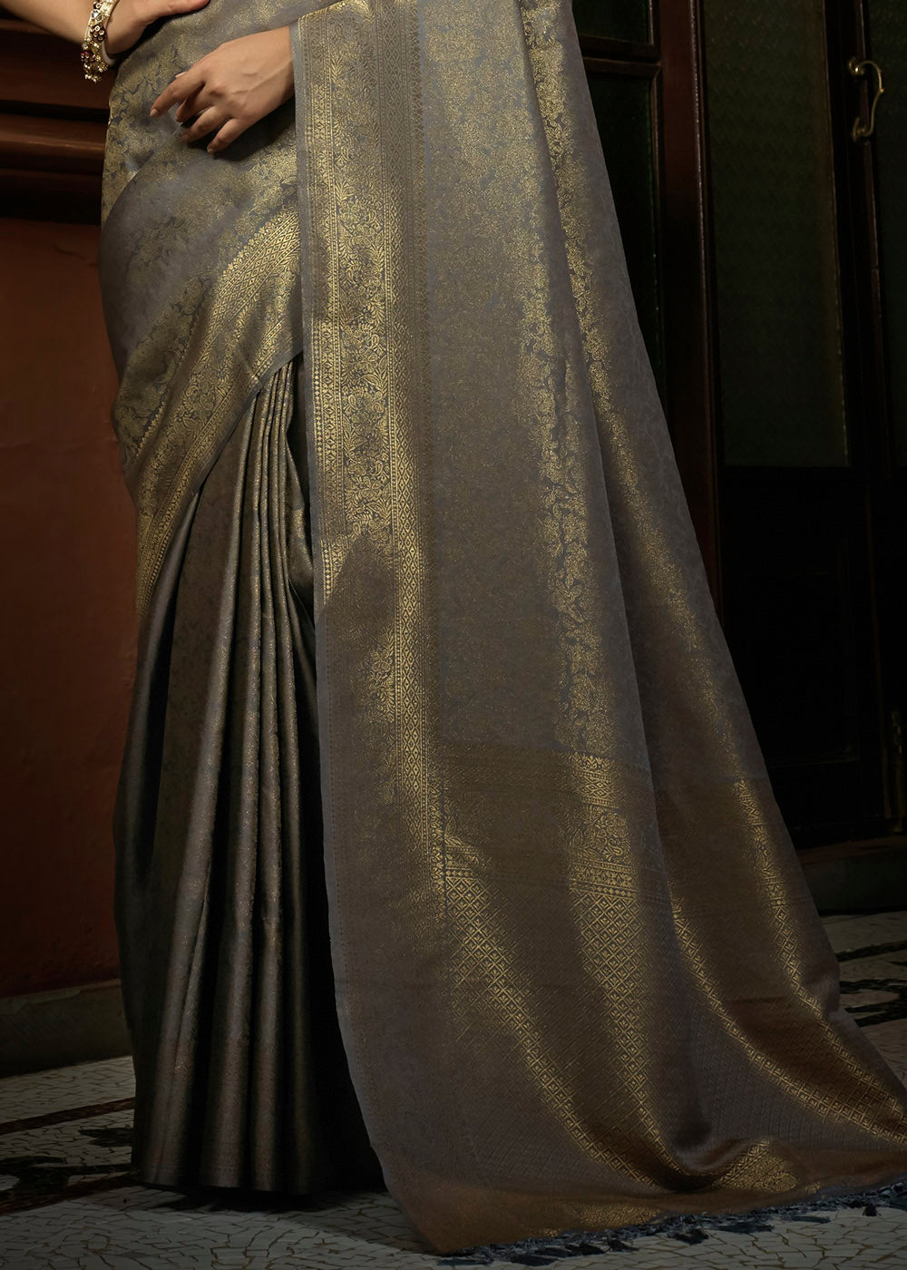 Coin Grey & Golden Blend Woven Kanjivaram Silk Saree: Top Pick