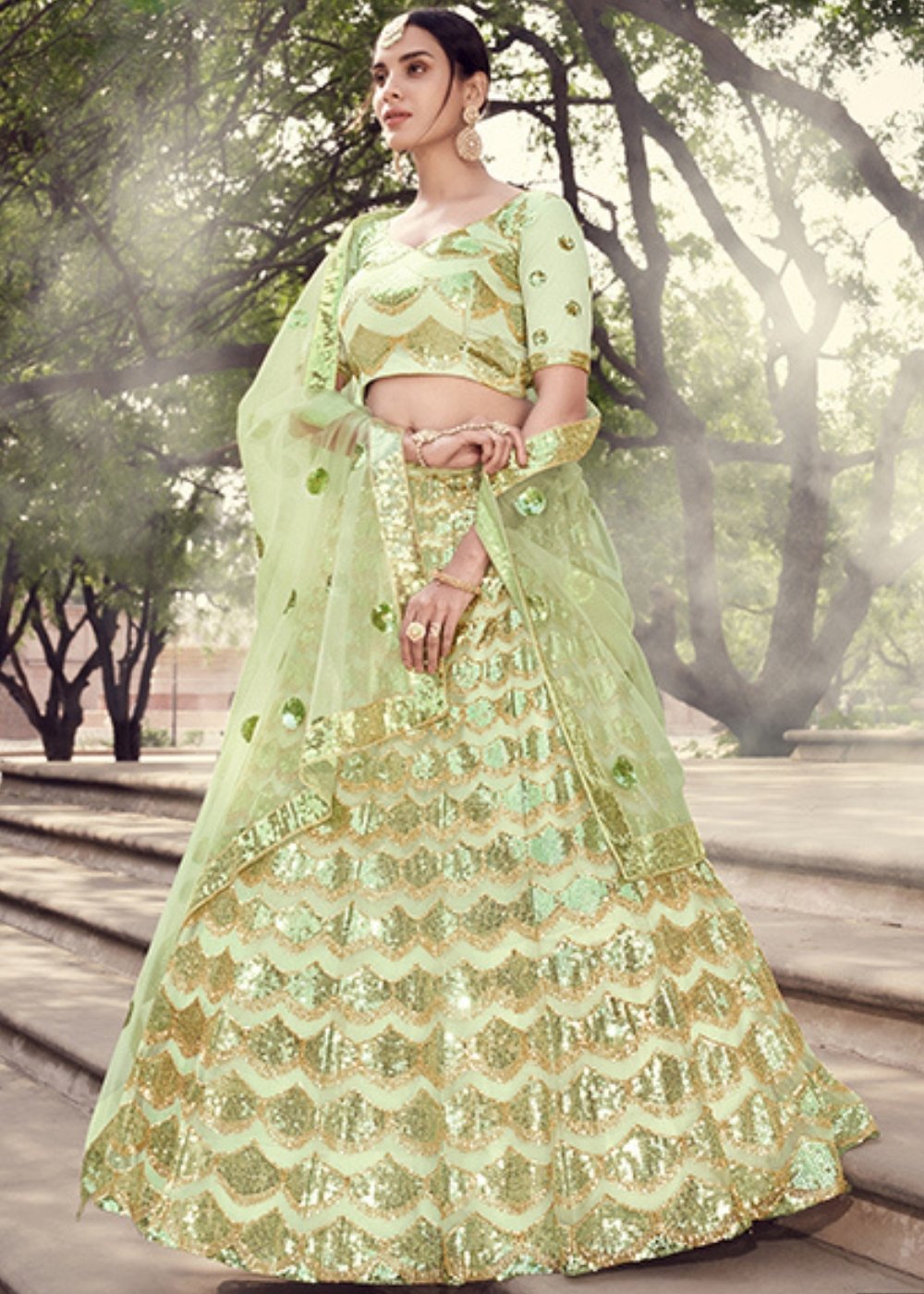 Lime Green Designer Soft Net Lehenga Choli with Sequins work