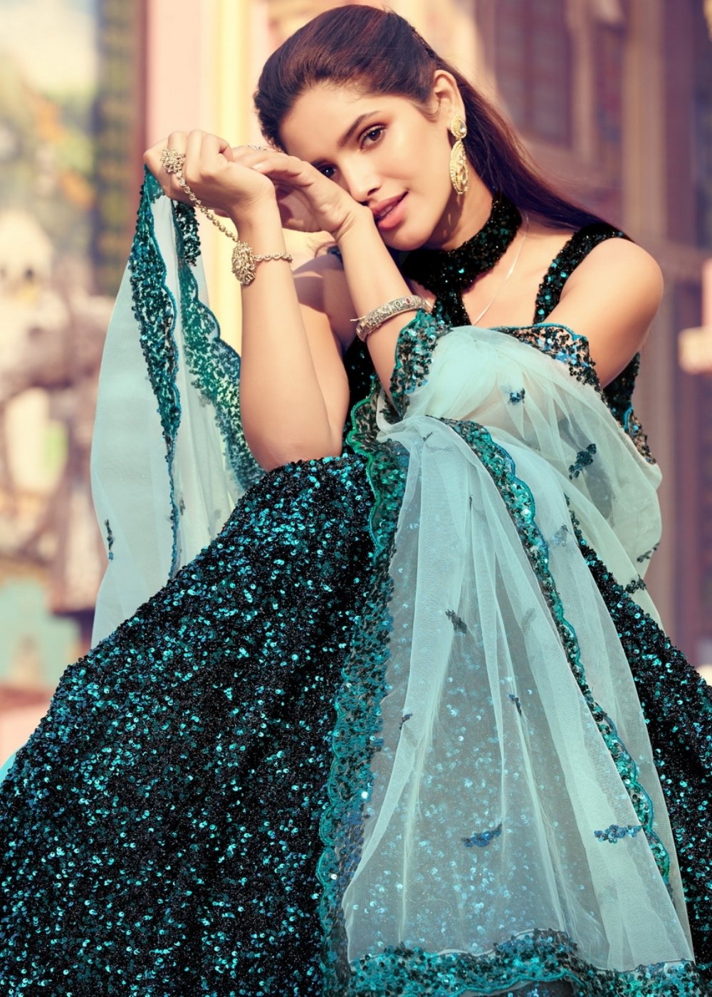 Black & Green Designer Lehenga Choli with Sequins work