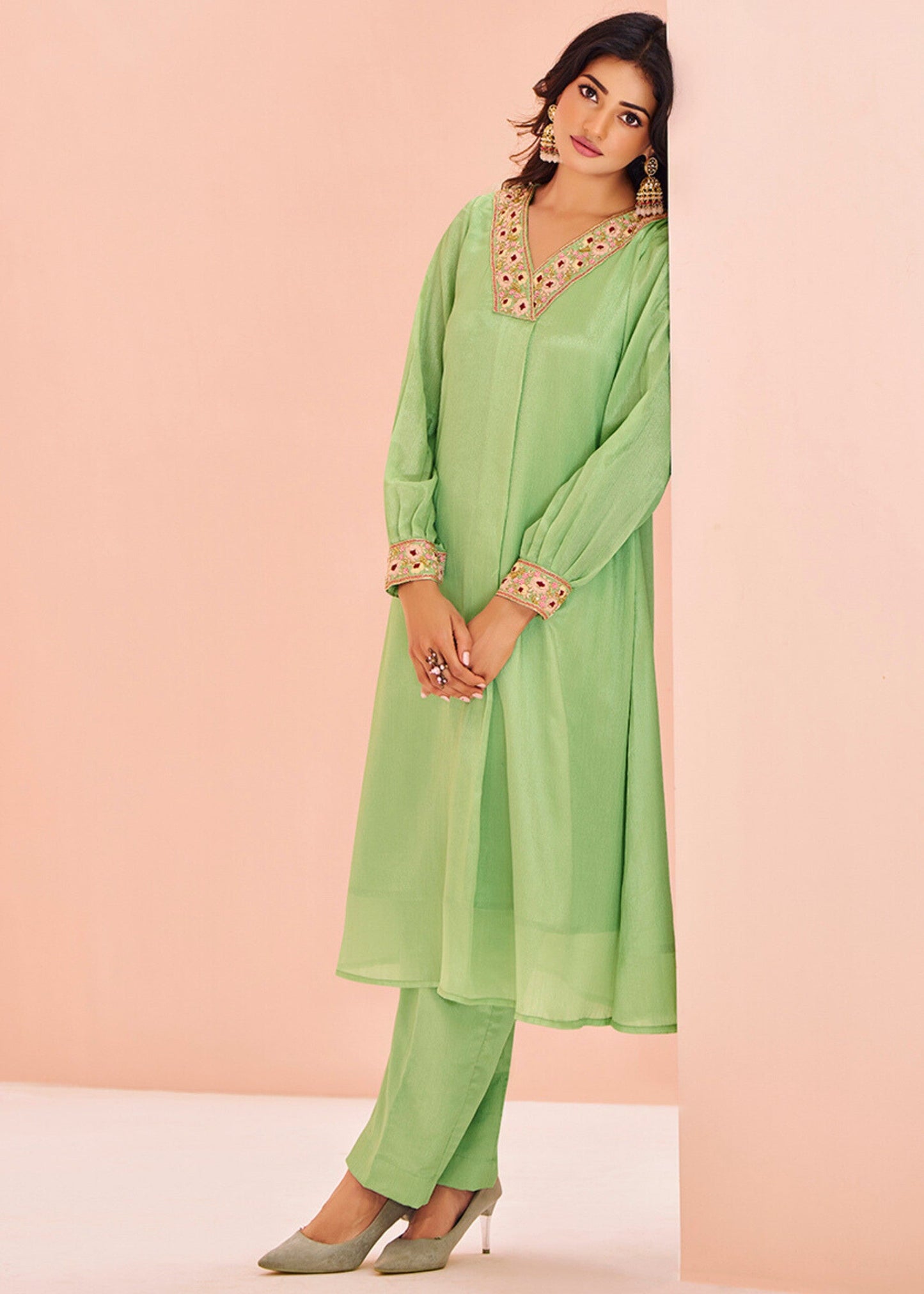 Chinon Green Handwork Kurta with Pant