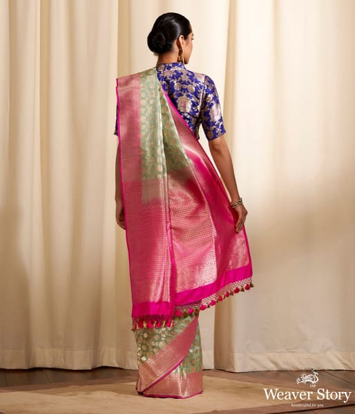 Handwoven Light Green Phulkari Pattern Saree with Pink Border