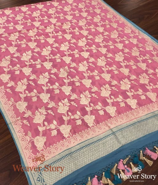 Handwoven Pink Banarasi Georgette Dupatta with Blue Borders
