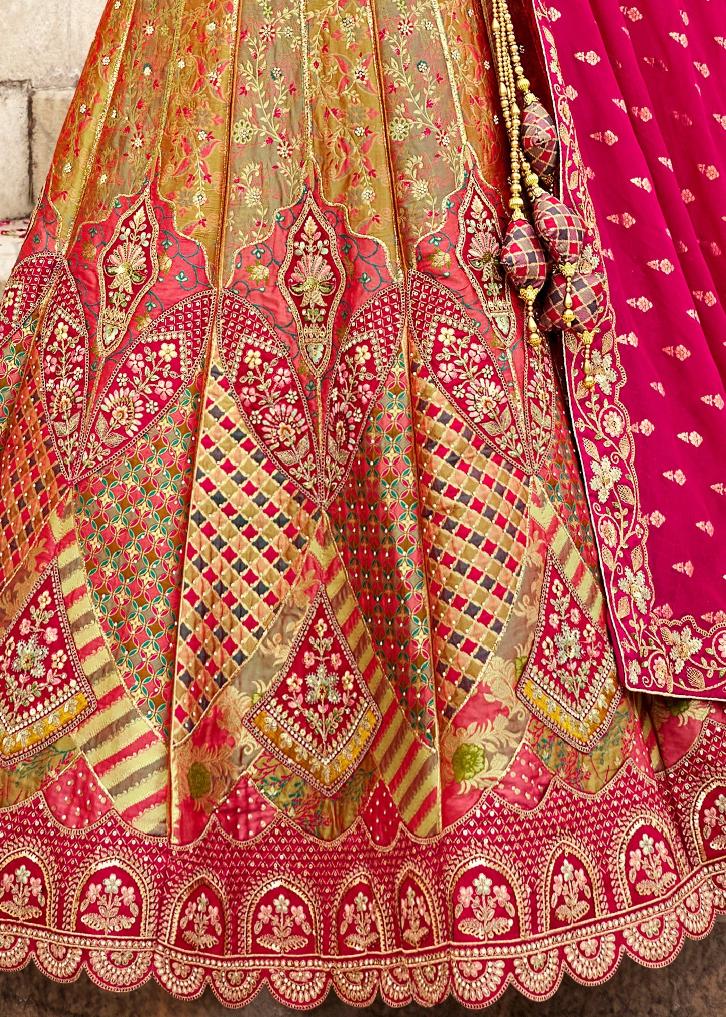 Pink & Chartreuse Green Banarasi Silk Lehenga Choli with Zarkan, Sequence and Thread Work