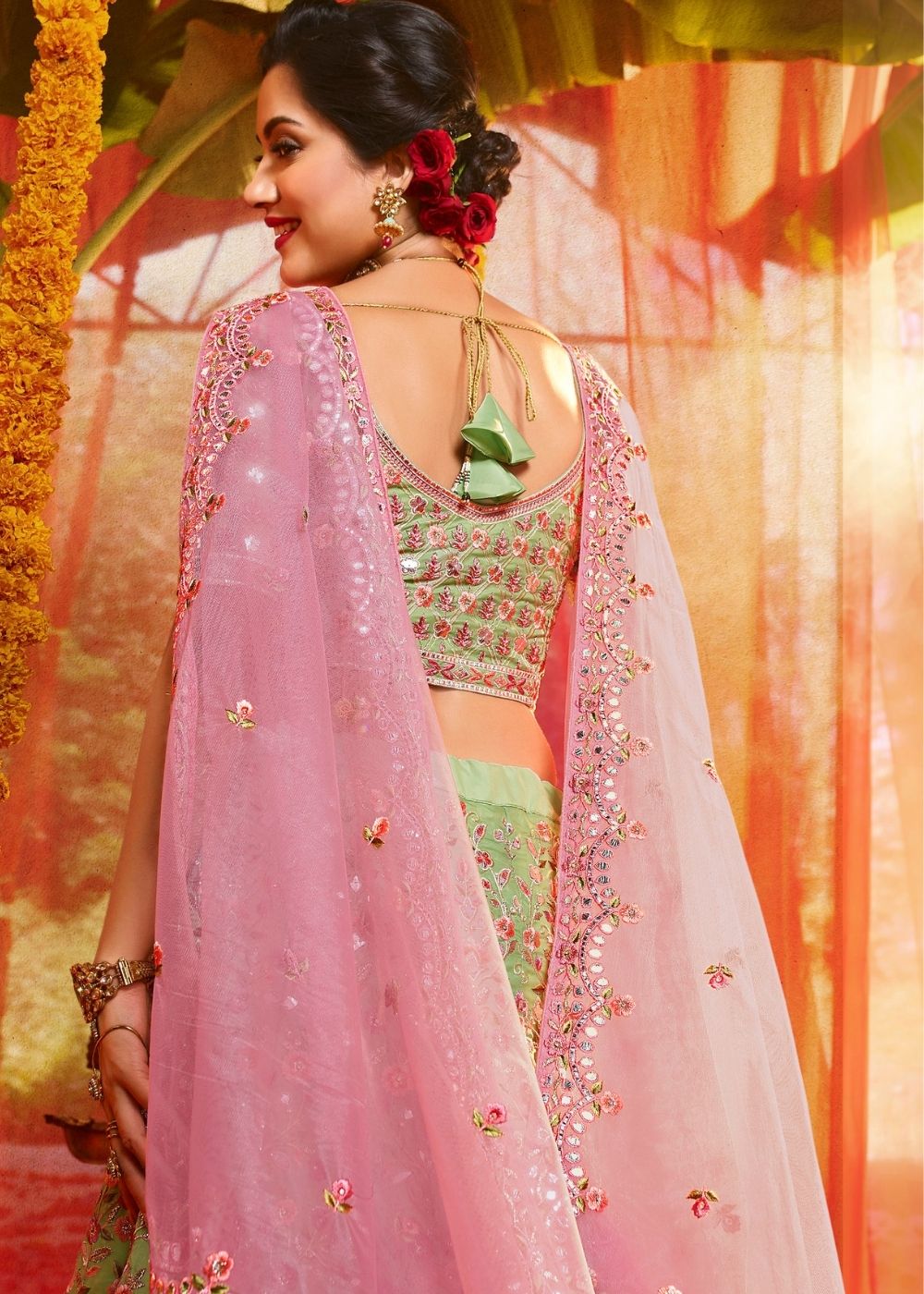 Mint Green Organza Designer Lehenga Choli with Foil, Mirror, Thread and Zari work (Pre-Order)