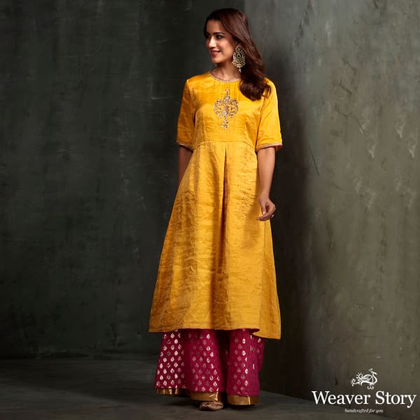 Hand embroidered munga silk suit in mustard color with brocade palazzo