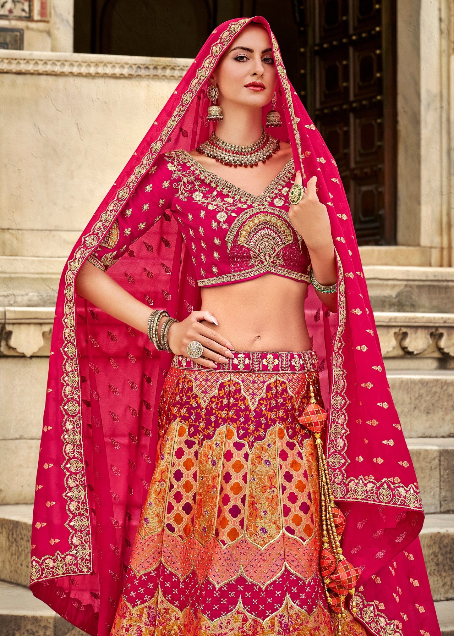 Rani Pink Banarasi Silk Lehenga Choli with Zarkan, Sequence and Thread Work