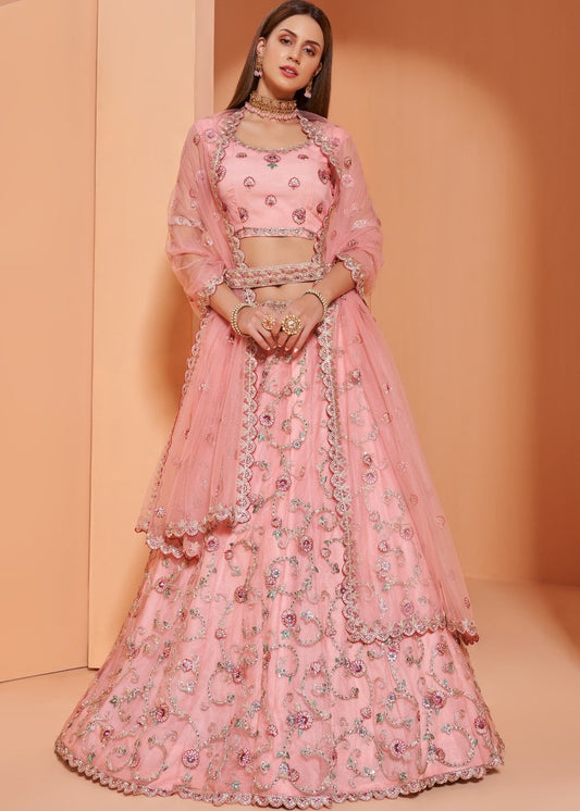 Creamy Pink Net Lehenga Choli with Cording,Thread Embroidery, Zarkan & Badla work