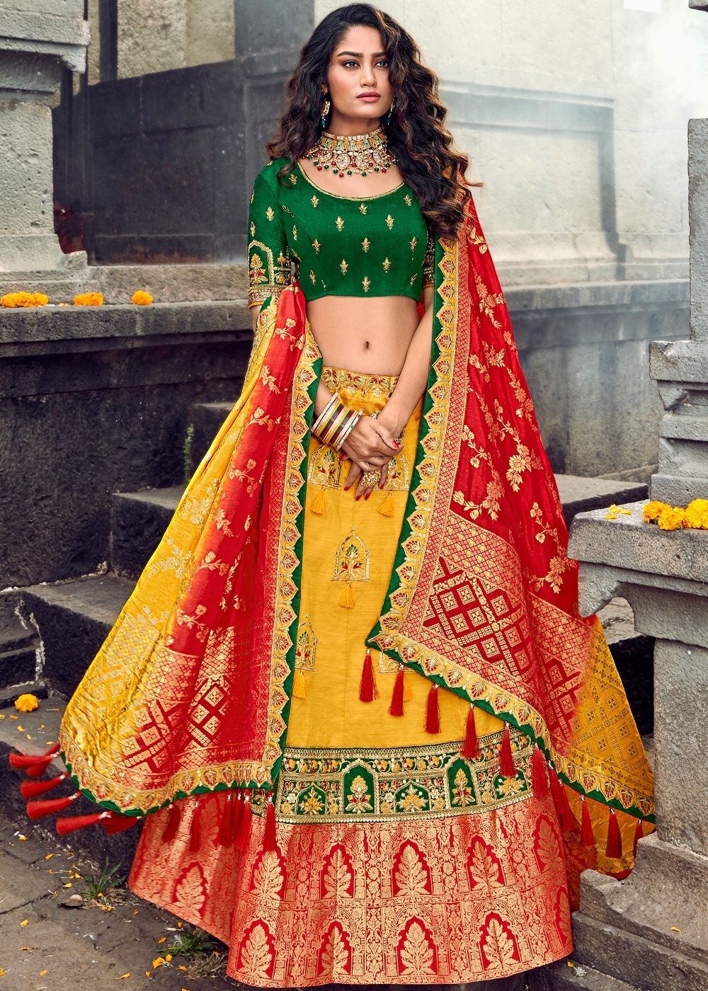 Yellow & Green Banarasi Kanjivaram Silk Lehenga