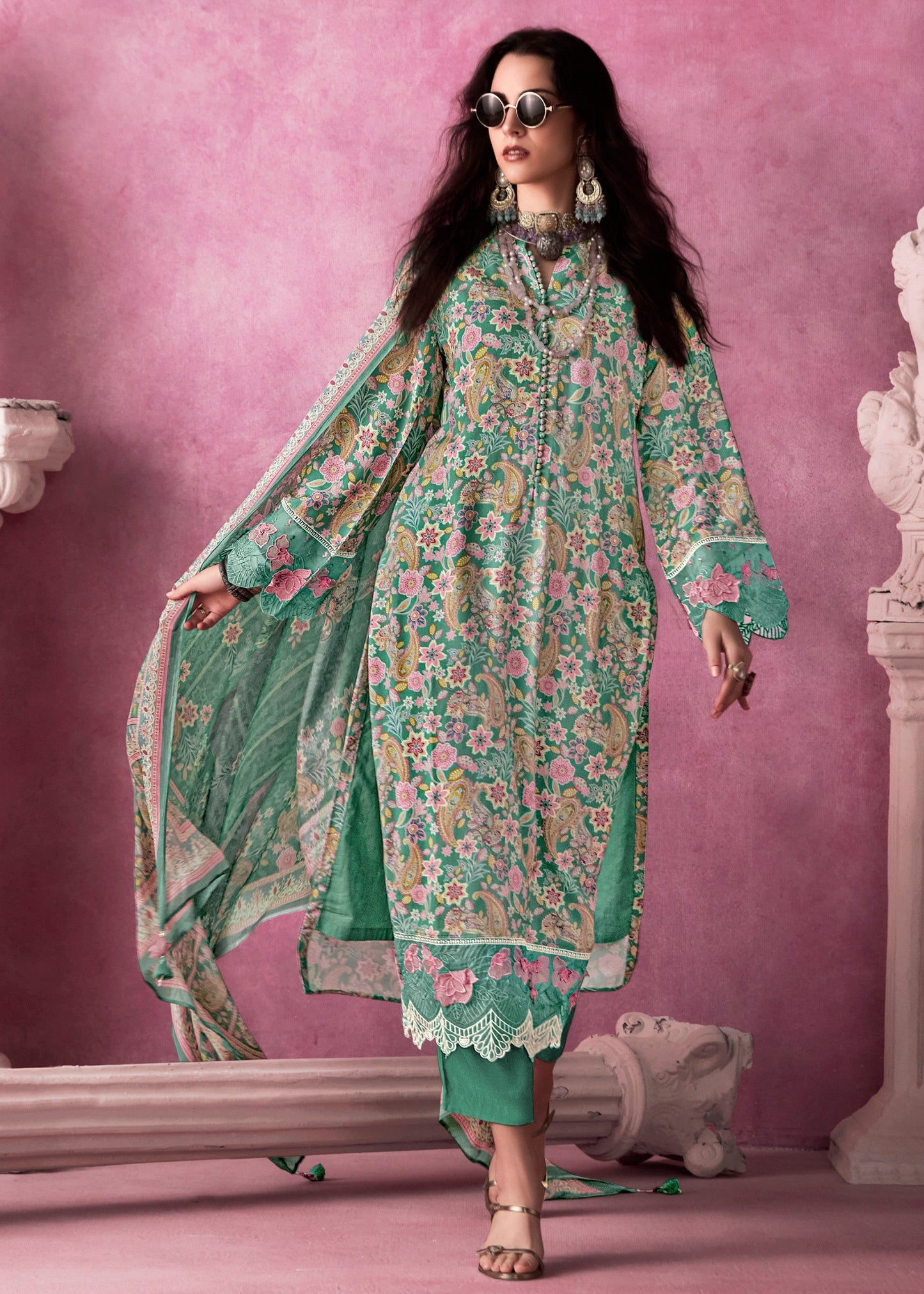 Green Multicolour Pure Muslin Salwar Suit