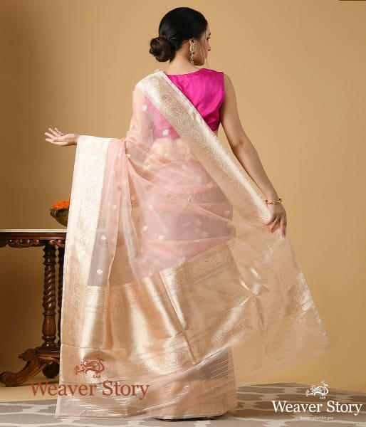 Handwoven Kora Silk Saree in Blush Pink Color
