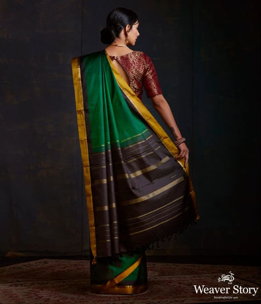 Bottle Green Kanjivaram Silk Saree With Black and Mustard Small Border