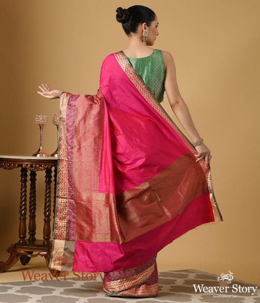 Handwoven Pink Katan Silk Banarasi Saree with Antique Zari Border