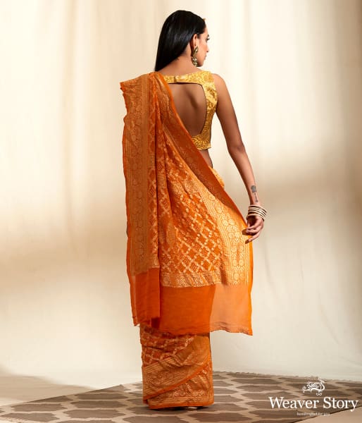 Handwoven Banarasi Bandhej Saree in Orange