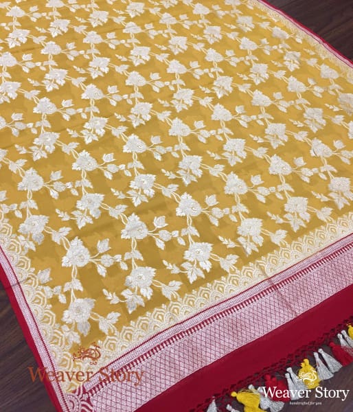 Handwoven Banarasi Georgette Dupatta in Mustard with Red Borders