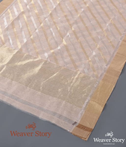 Handwoven Light Peach Cotton Silk Chanderi Dupatta with Gold and Silver Zari