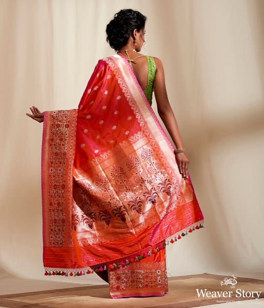 Pink Orange Chautera Border With Gold Silver Trishul Booti