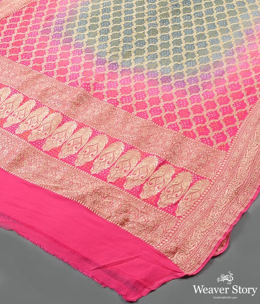 Handwoven Pink Grey Banarasi Bandhej Dupatta