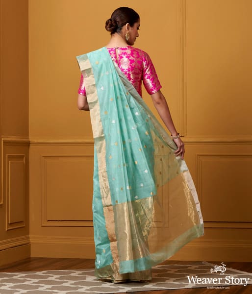 Handwoven Aqua Mogra Ek Naliya Boota Sareee