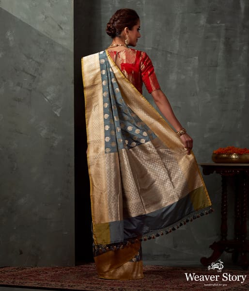 Handwoven Grey Cutwork Booti Saree with Yellow Selvedge