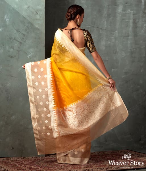 Handloom Yellow Ektara Organza Saree with Beige Kadhwa Booti Border